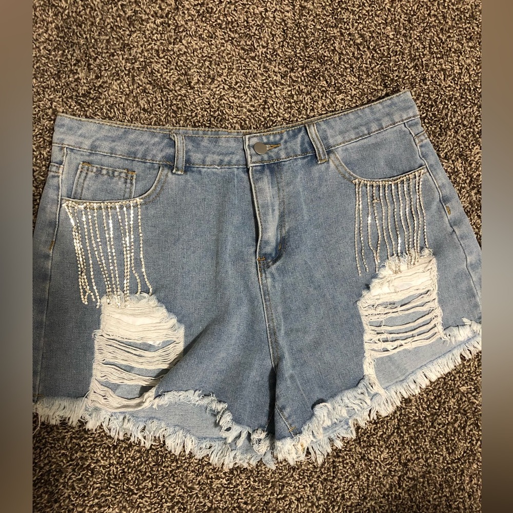 Rhinestone fringe jean shorts